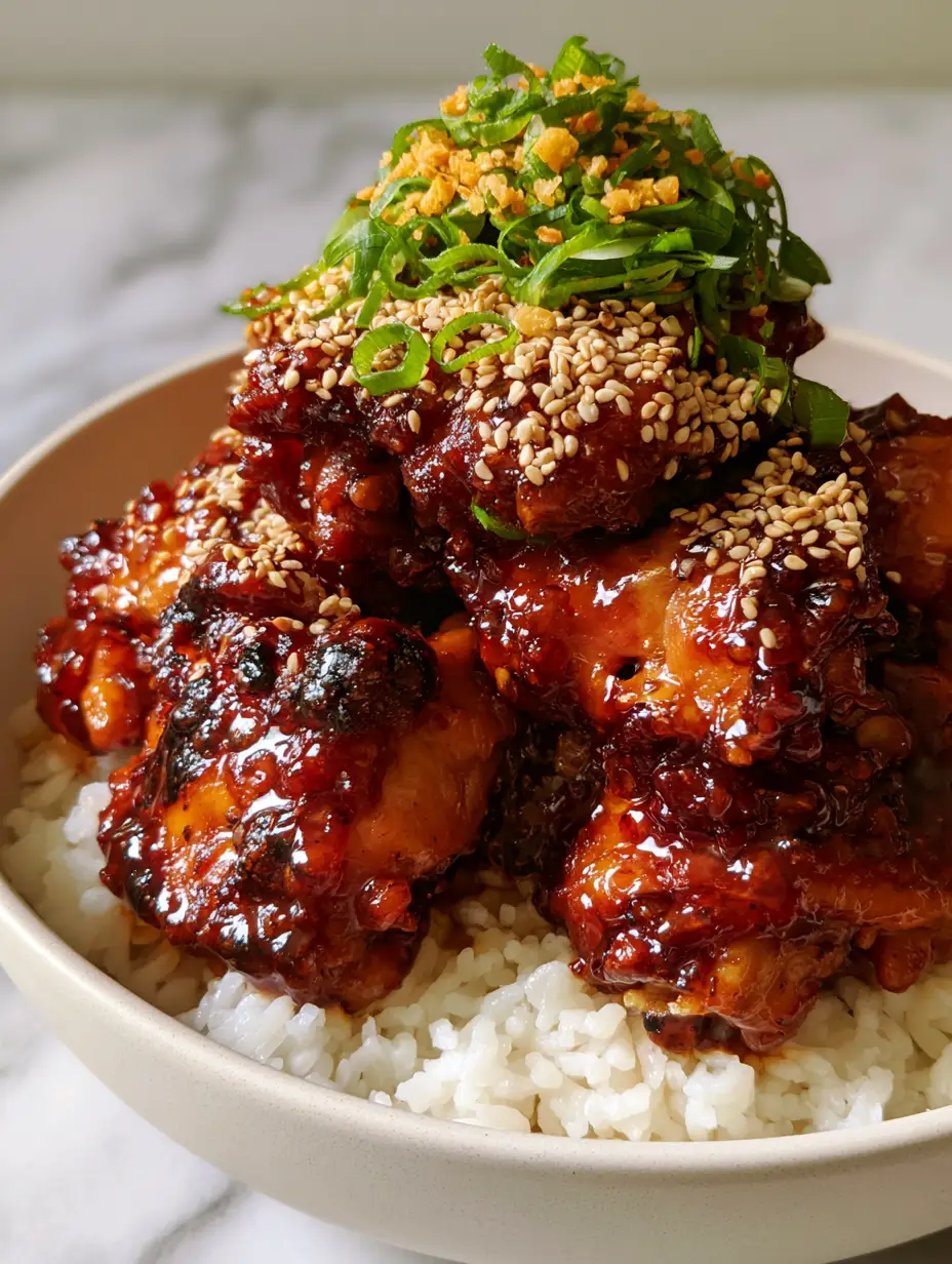 Close-up of mahogany-colored Sticky Honey Glazed Chicken pieces with bubbling sauce and charred edges on a bed of steaming white rice.