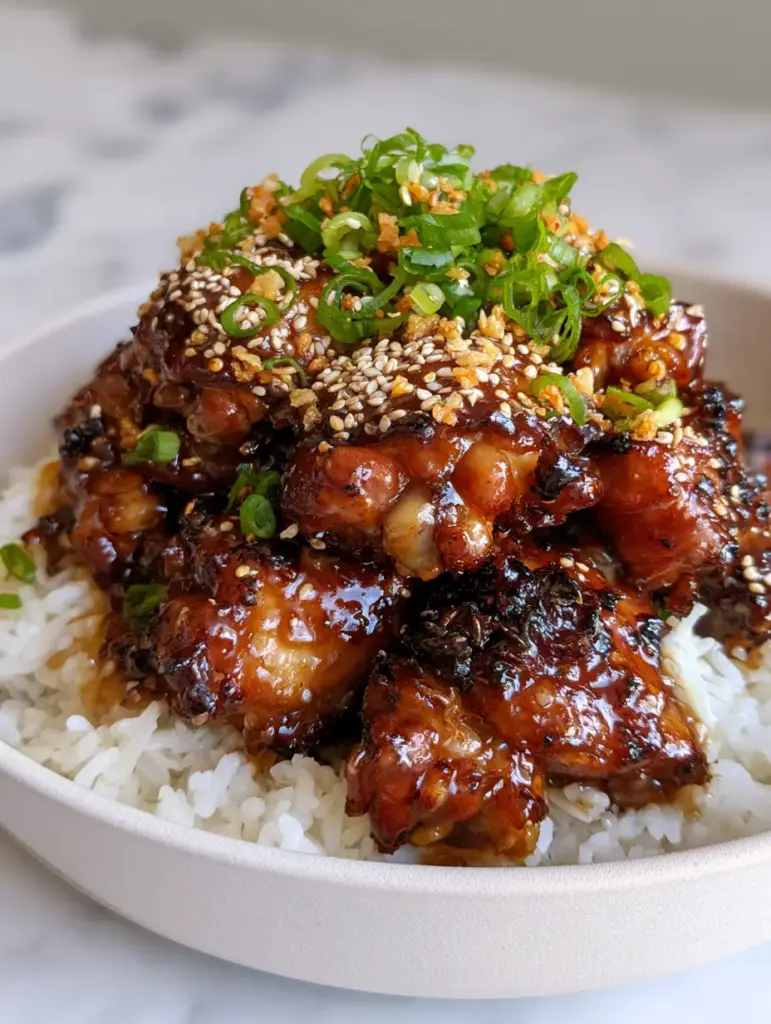 Sticky Honey Glazed Chicken in a shallow matte-white bowl on a marble countertop with soft morning lighting.