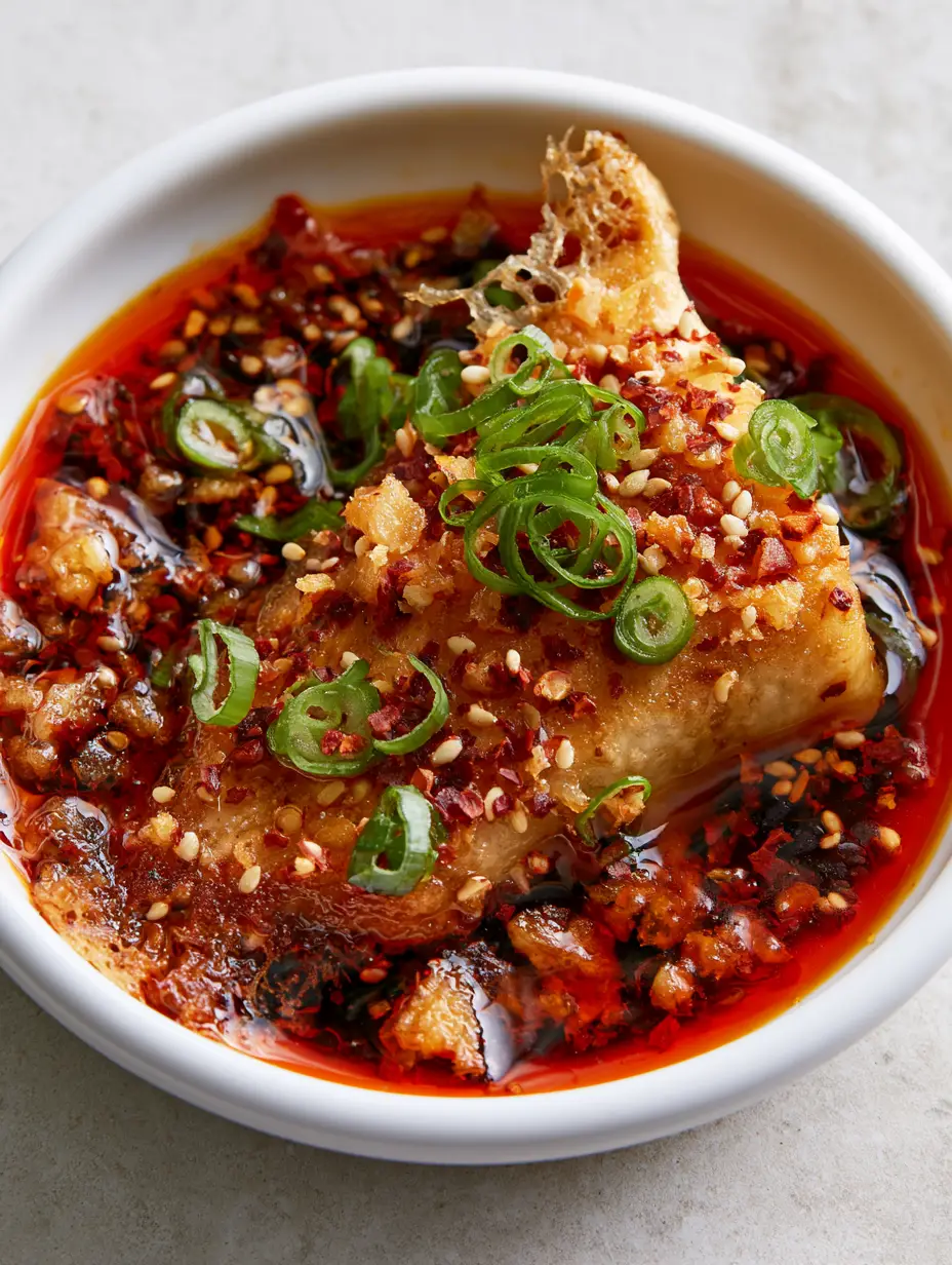 Macro shot of Dumpling Sauce showing the glossy dark soy base and floating toasted sesame seeds and green scallions.