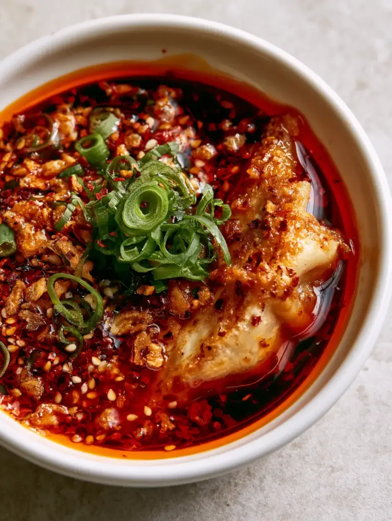 A pan-fried gyoza with a crispy lacy bottom dipped into a rich, dark amber Dumpling Sauce.
