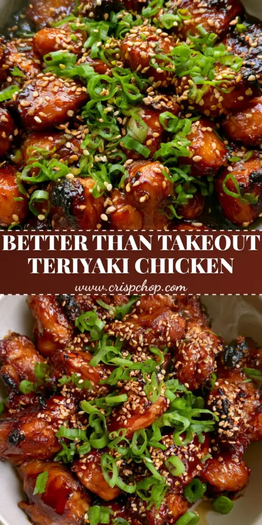 A glossy, dark mahogany Teriyaki Chicken Recipe served in a matte bowl with sesame seeds and green scallions. (Teriyaki Chicken Recipe)