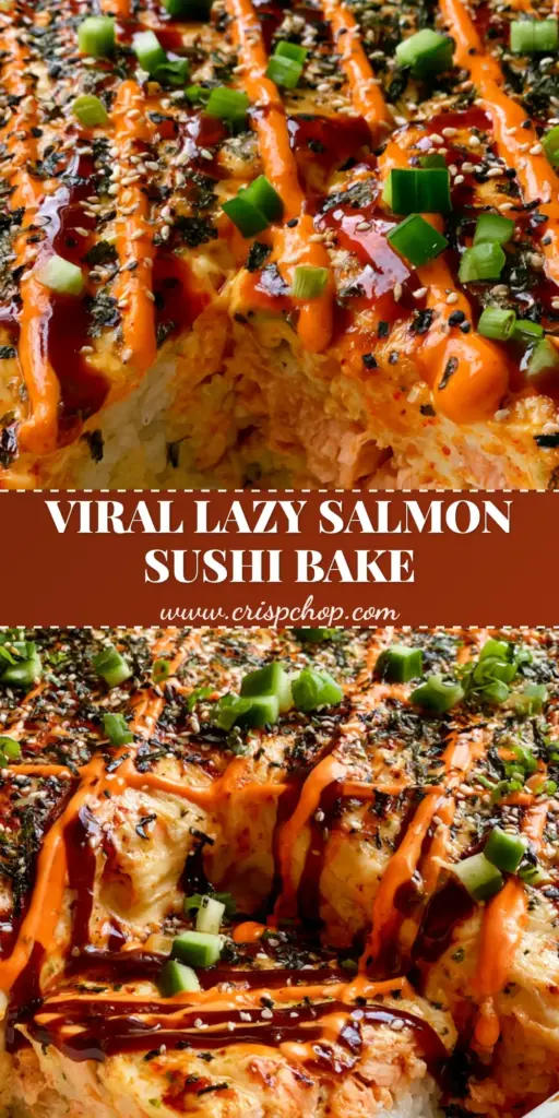 A viral salmon sushi bake in a white ceramic dish with a criss-cross of sriracha mayo and unagi sauce, topped with cucumber and scallions. (sushi bake)