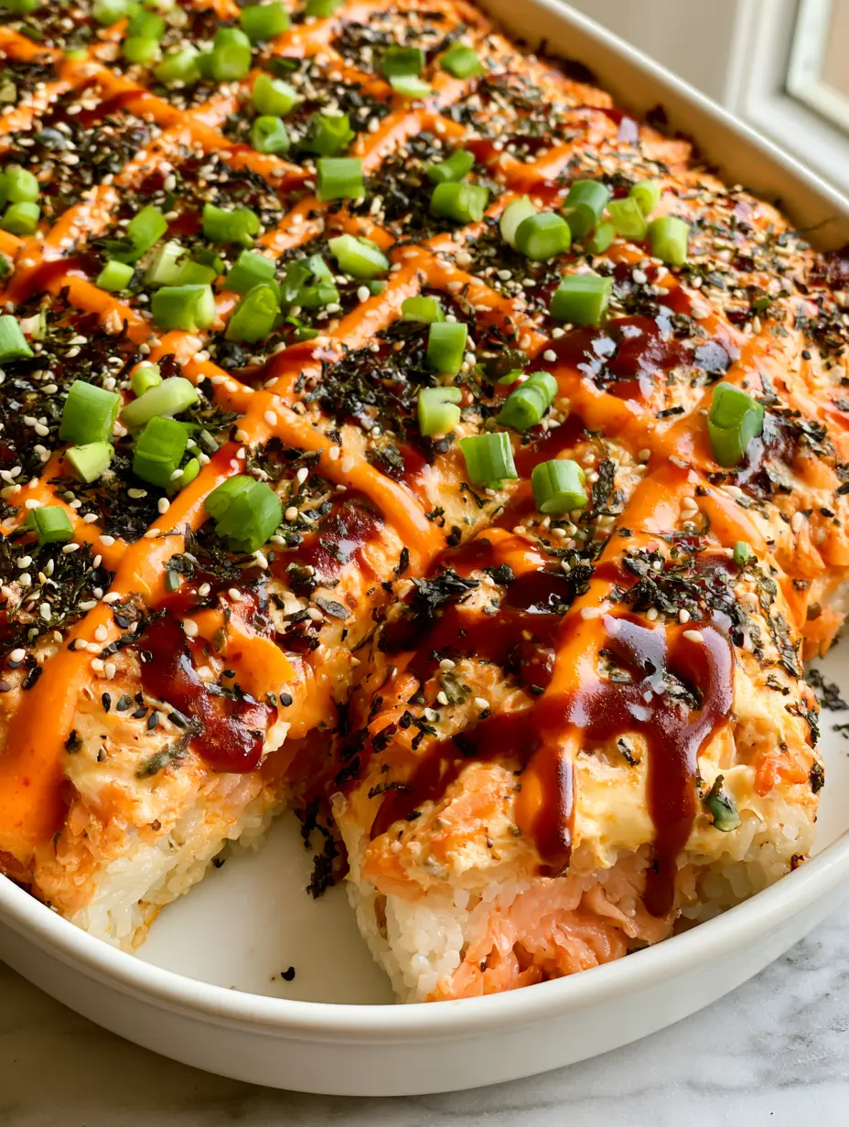 Close up handheld photo of a salmon sushi bake showing the golden-brown top and vibrant sauce drizzle. (sushi bake)