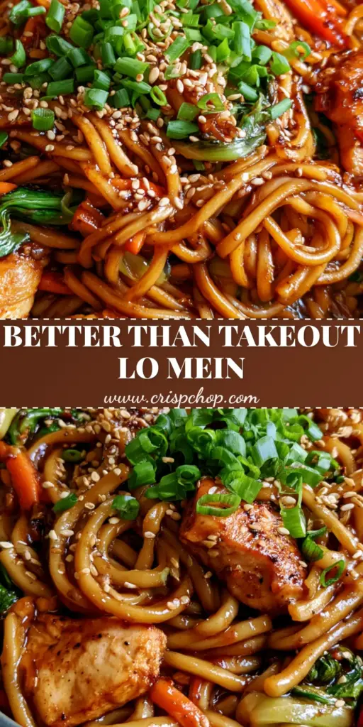 A steaming bowl of Garlic Chicken Lo Mein with thick noodles, golden chicken, and red peppers in a charcoal bowl. (Garlic Chicken Lo Mein)