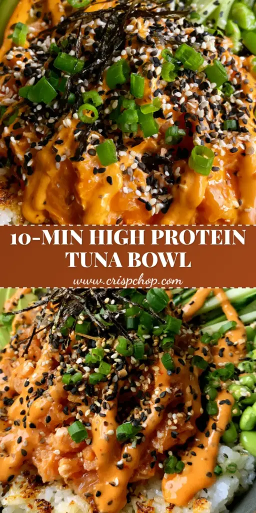A close-up handheld photo of a gourmet spicy tuna rice bowl in a charcoal bowl with crispy seared rice and vibrant sriracha mayo drizzle. (spicy tuna rice)