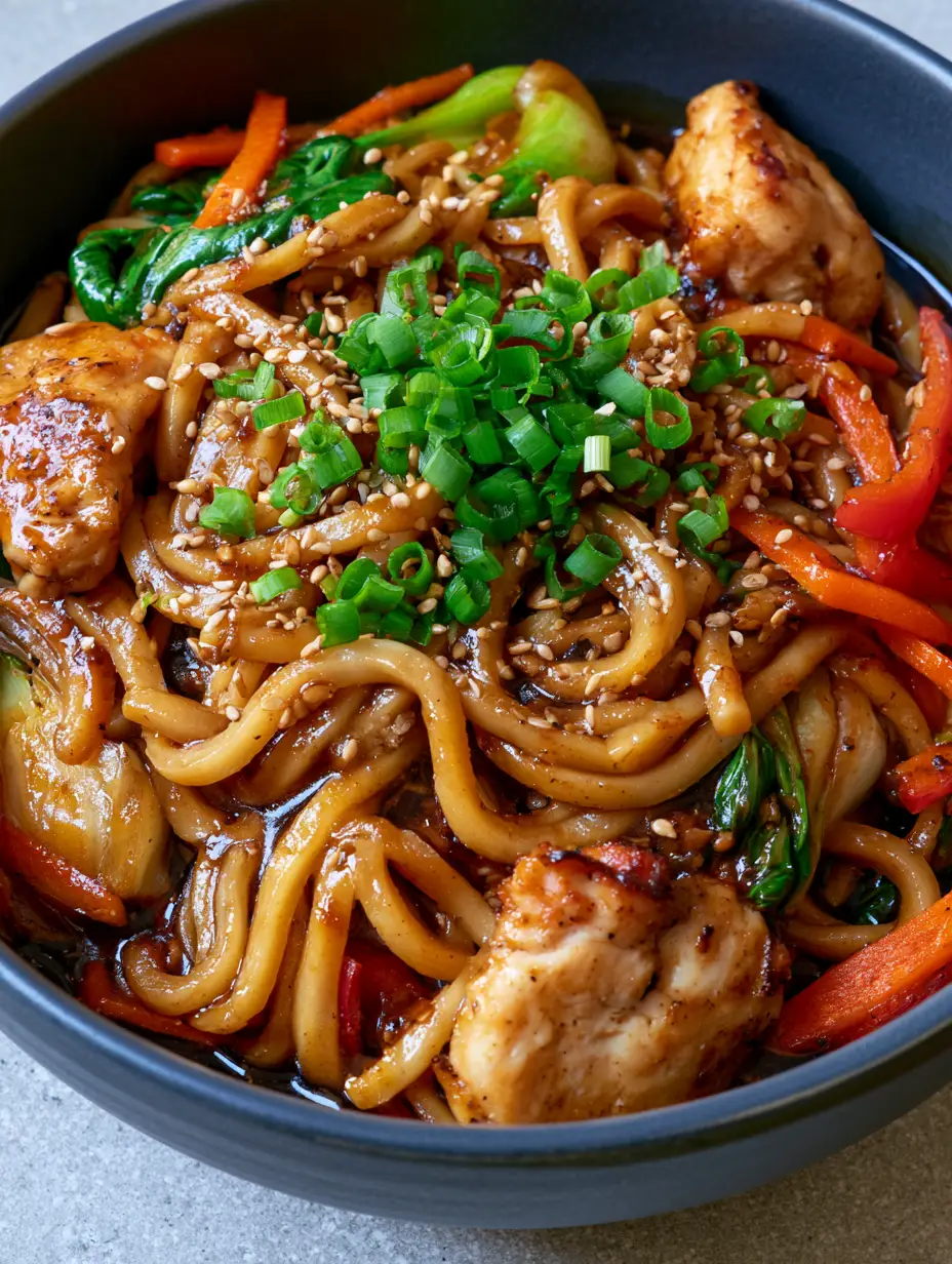 Close-up of glossy mahogany-colored Garlic Chicken Lo Mein noodles and seared chicken. (Garlic Chicken Lo Mein)