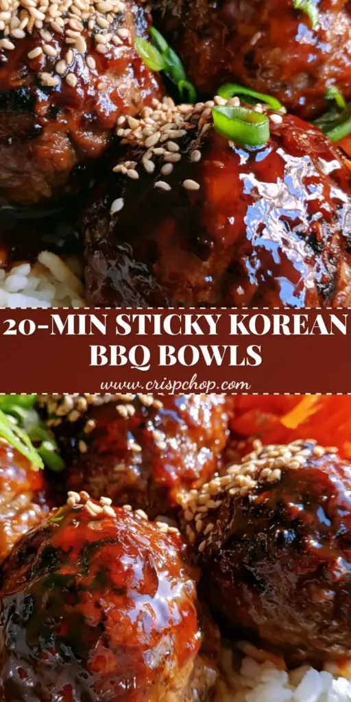 A close-up of Korean BBQ Meatball Rice Bowls featuring three glazed meatballs on jasmine rice with sesame seeds and scallions.