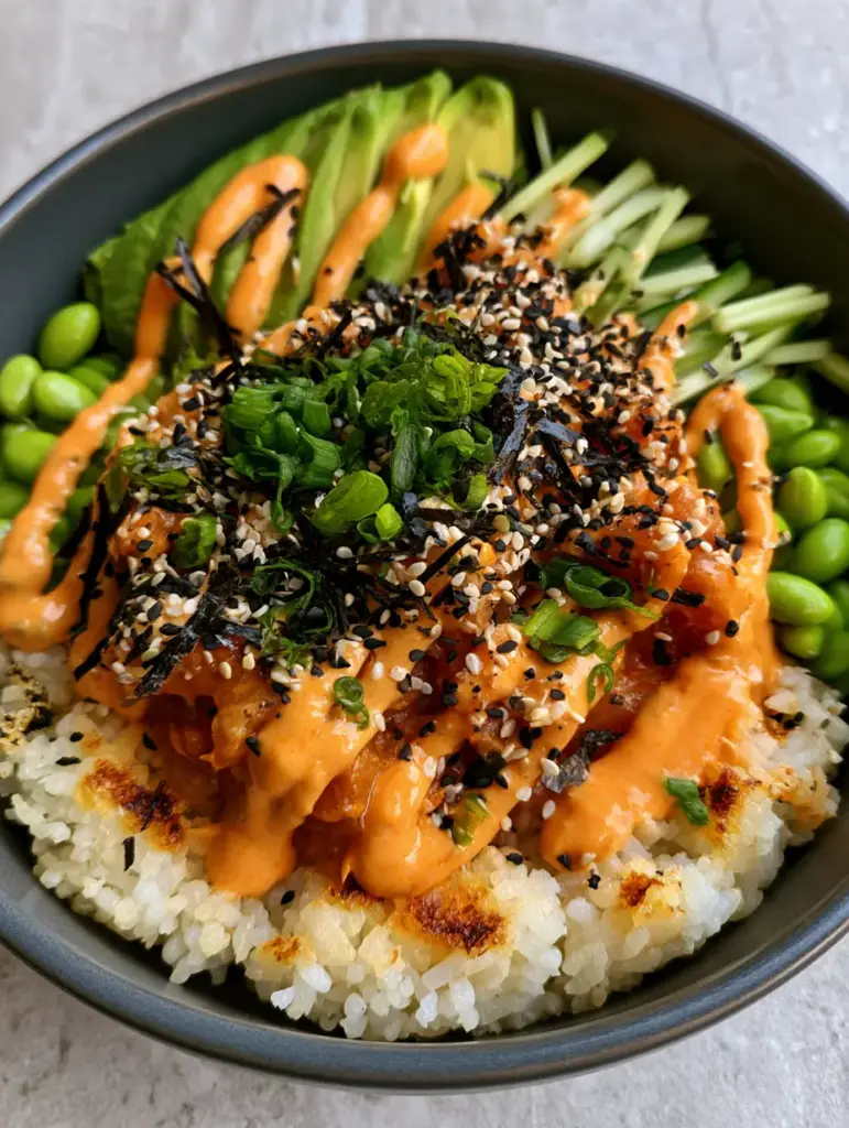 Detailed shot of seared white rice with golden-brown edges topped with flaky tuna and julienned cucumber. (spicy tuna rice)