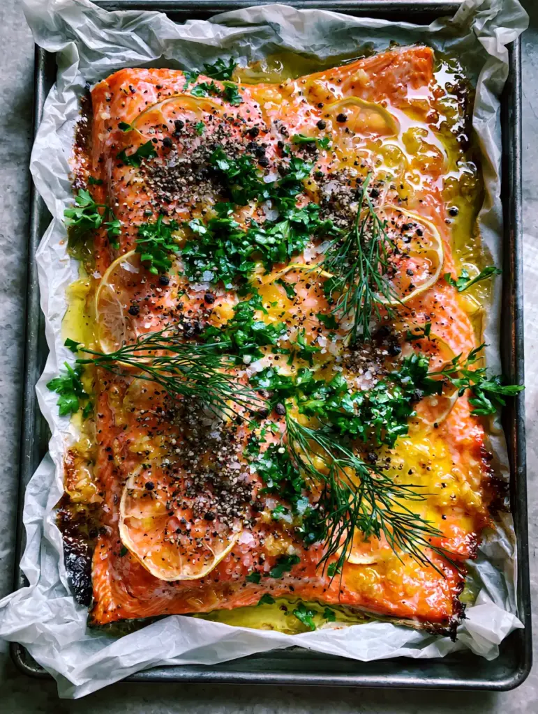 Baked Rainbow Trout with Garlic Butter and Fresh Herbs 2 Close up of baked rainbow trout glistening with garlic butter and topped with fresh dill.