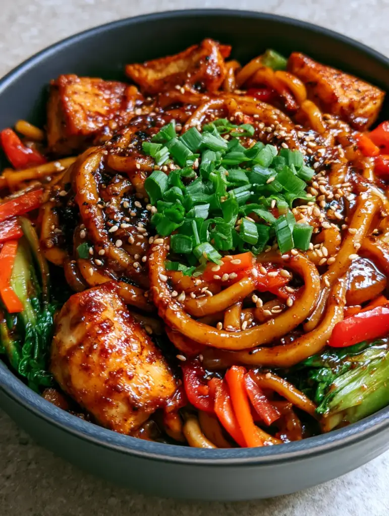 Garnished Garlic Chicken Lo Mein with green scallions and sesame seeds. (Garlic Chicken Lo Mein)