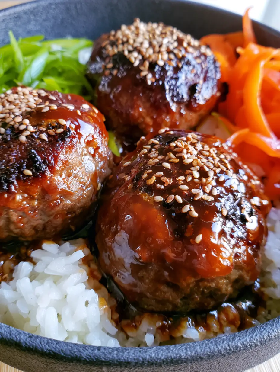 Macro close-up of glossy mahogany-colored Korean BBQ Meatball Rice Bowls with seared beef edges. (Korean BBQ Meatball Rice Bowls)