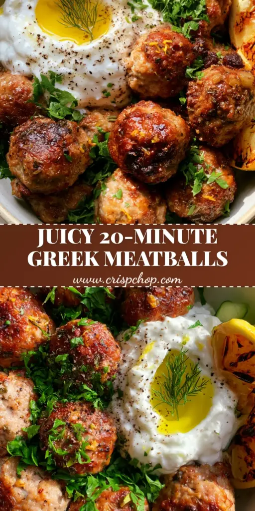 Greek Turkey Meatballs: The Ultimate Crispy Air Fryer Recipe 3 A professional top-down shot of Greek Turkey Meatballs in a modern ceramic bowl with tzatziki, fresh dill, cucumber ribbons, and charred lemon wedges on a stone countertop.