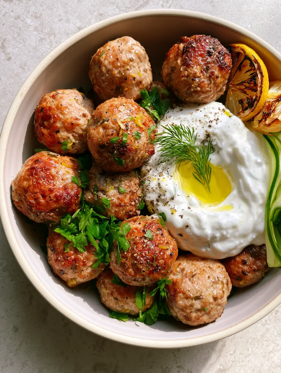 Greek Turkey Meatballs: The Ultimate Crispy Air Fryer Recipe 4 Close up of air-fried Greek Turkey Meatballs showing visible flecks of dried oregano and lemon zest with glistening juices.