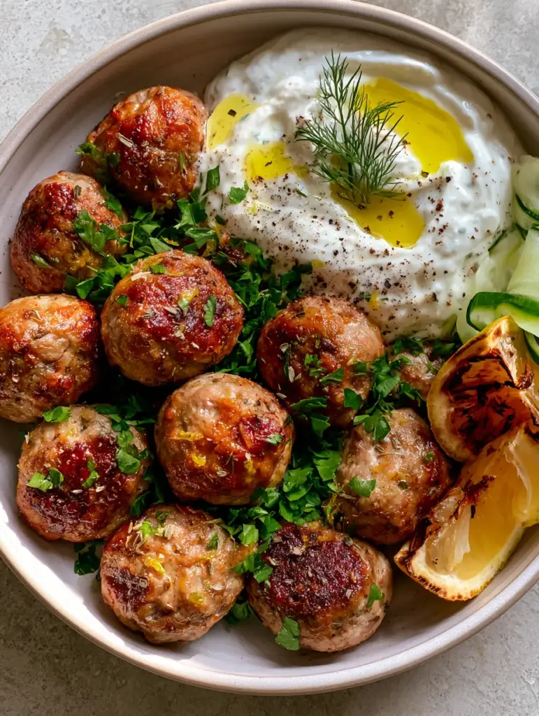 Greek Turkey Meatballs: The Ultimate Crispy Air Fryer Recipe 1 Greek Turkey Meatballs served in a ceramic bowl with a dollop of thick Greek yogurt tzatziki and a sprig of fresh dill.