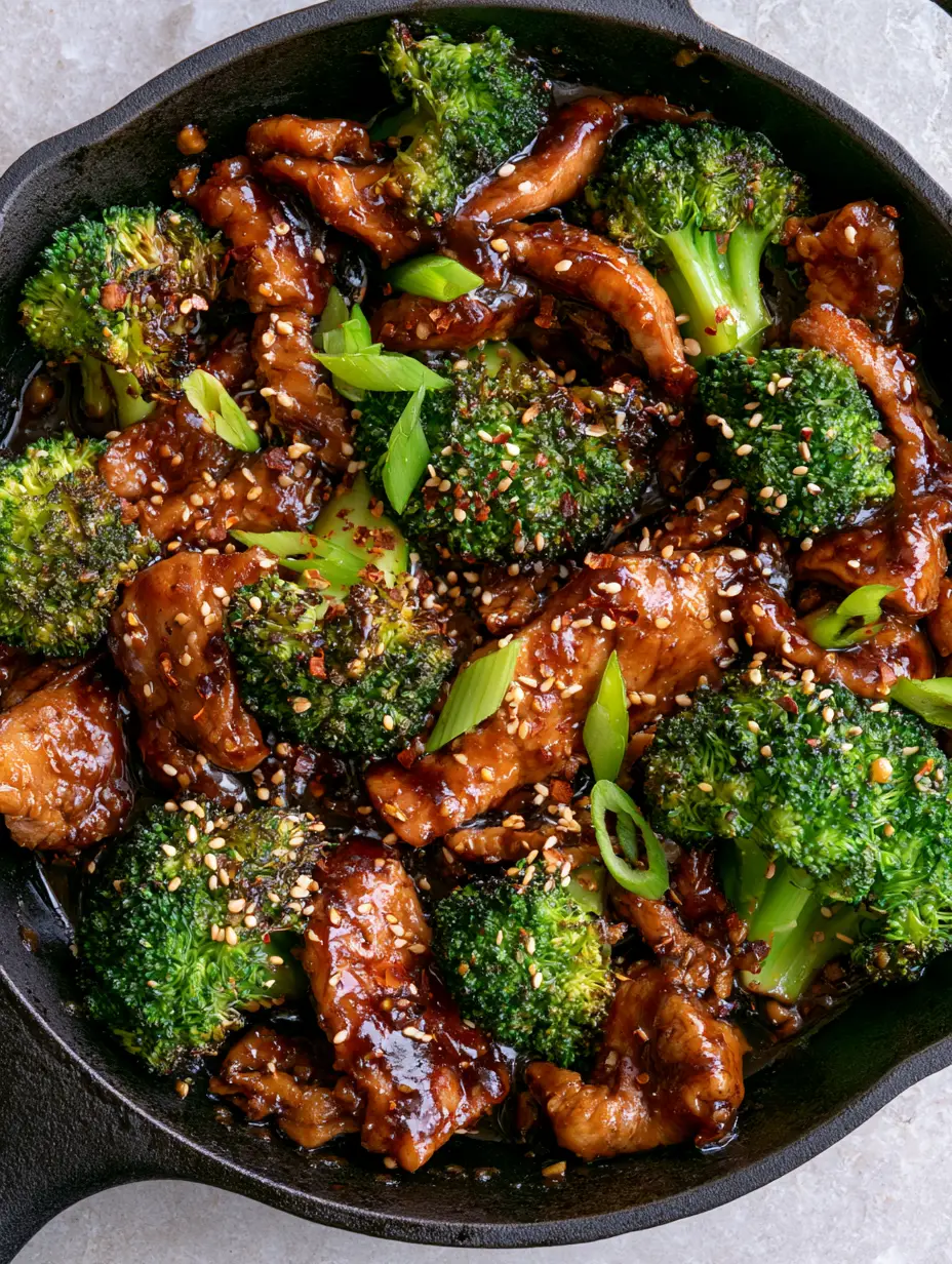 Chicken and broccoli recipe: The 15-Minute Secret to Velvety Poultry and Charred Emerald Florets 3 Top-down view of chicken and broccoli recipe in a cast iron skillet with visible ginger bits and sesame seeds.