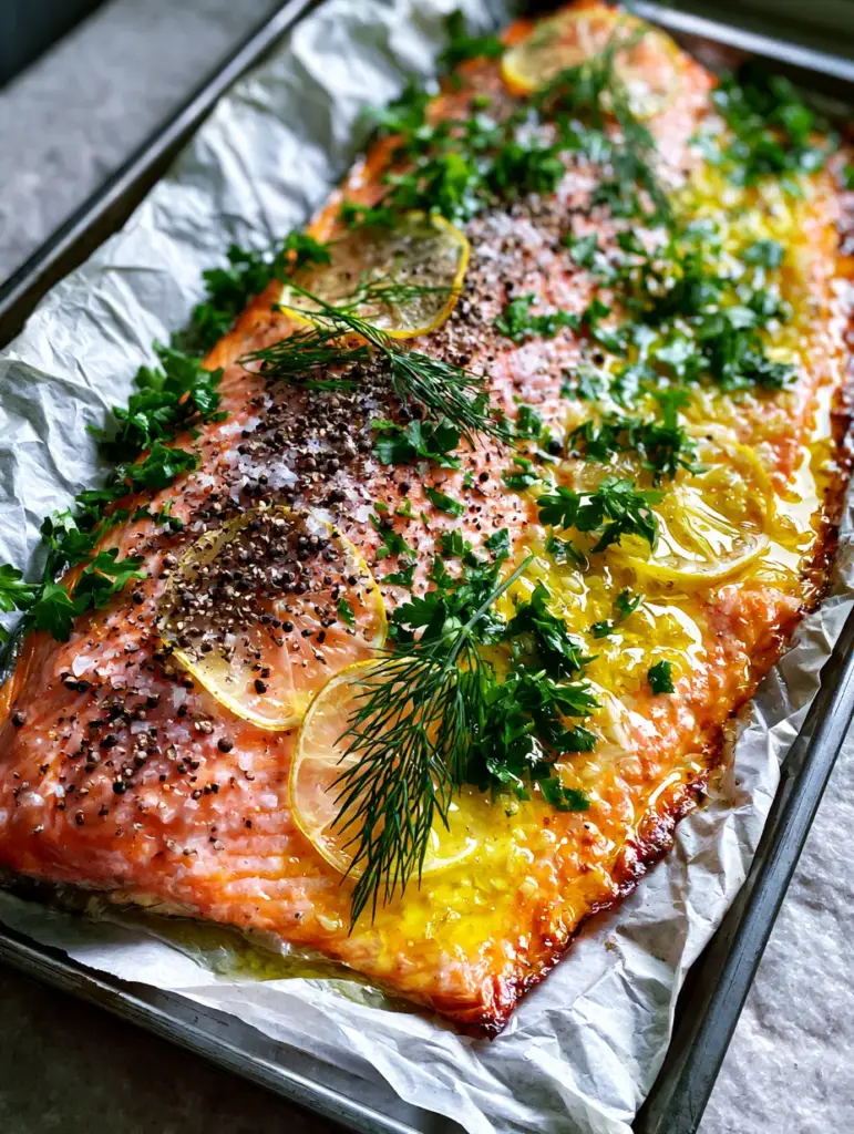 Baked Rainbow Trout with Garlic Butter and Fresh Herbs 1 Overhead view of a whole baked rainbow trout on wrinkled parchment paper with charred lemon wheels.