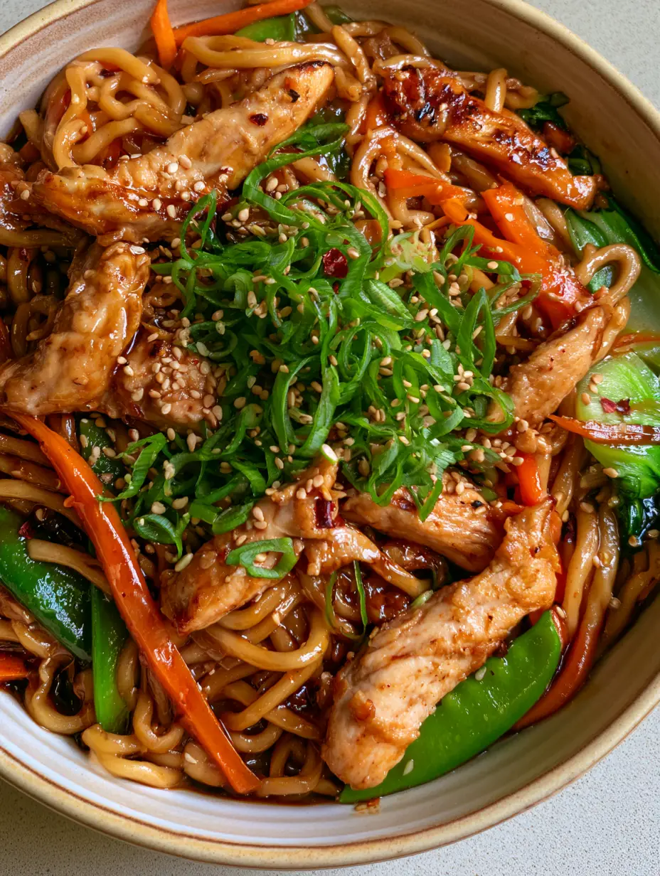 Close up of glossy Chicken Lo Mein showing thick bouncy egg noodles and caramelized chicken breast strips.