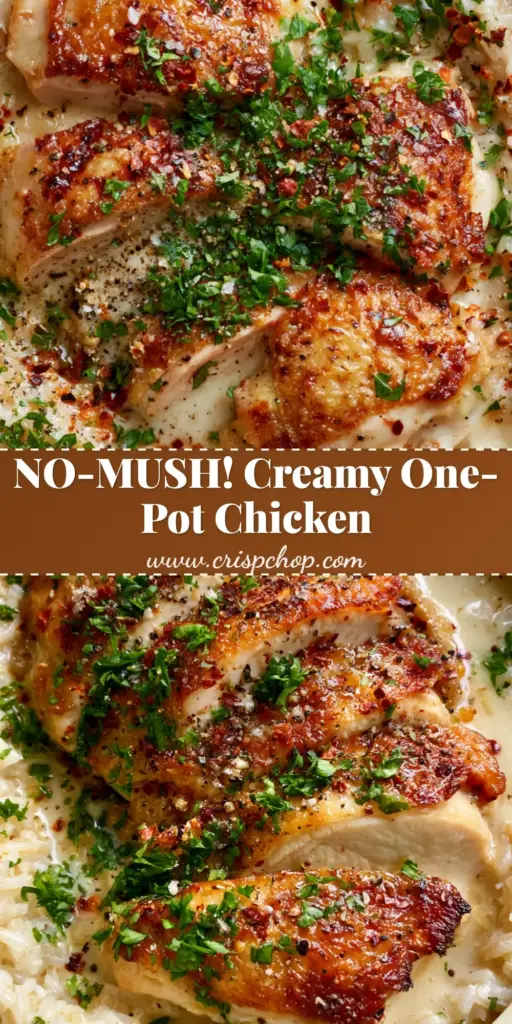 One Pot Chicken and Rice with Creamy Garlic Sauce 4 A top-down view of a cream Dutch oven filled with seared golden-brown chicken thighs, glossy garlic rice, and fresh parsley garnish. (one pot chicken and rice)