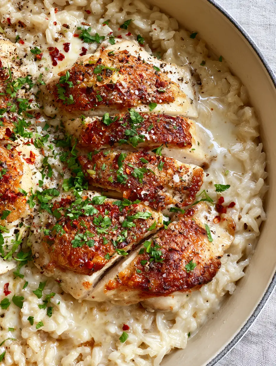 One Pot Chicken and Rice with Creamy Garlic Sauce 3 Macro shot of succulent sliced chicken thighs with crispy skin over fluffy white rice in a creamy garlic sauce. (one pot chicken and rice)
