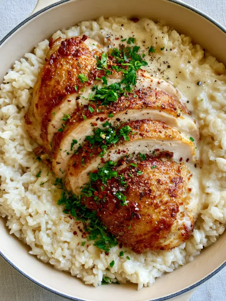 One Pot Chicken and Rice with Creamy Garlic Sauce 1 Overhead shot of one pot chicken and rice garnished with red chili flakes and cracked black pepper in a matte cream ceramic pot.