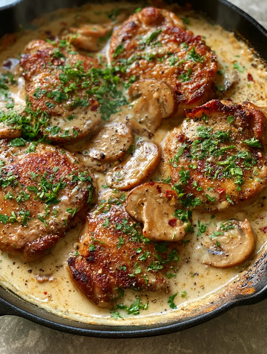 Close-up of golden-brown chicken and mushrooms submerged in a thick ivory sauce with chili flakes. (chicken and mushrooms)