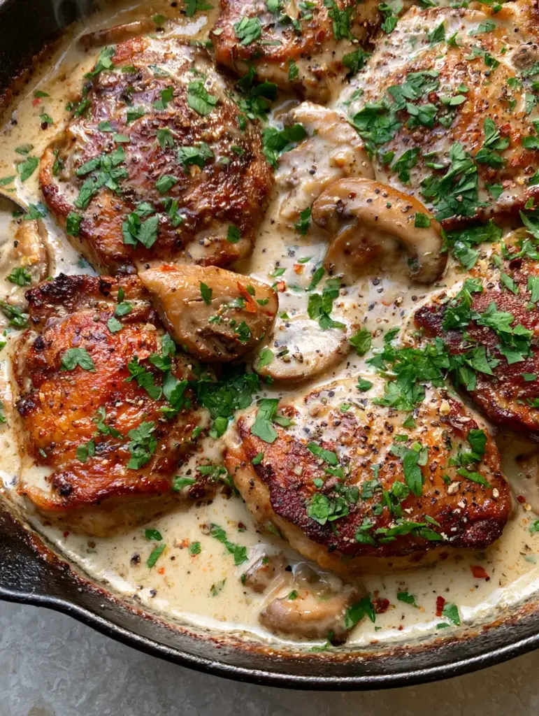 Rustic cast iron skillet with chicken and mushrooms, garnished with fresh green parsley and cracked black pepper.