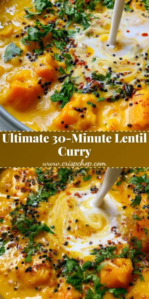 A top-down view of vibrant golden Coconut Lentil Curry in a matte grey bowl with a white coconut milk swirl, fresh cilantro, and toasted mustard seeds.