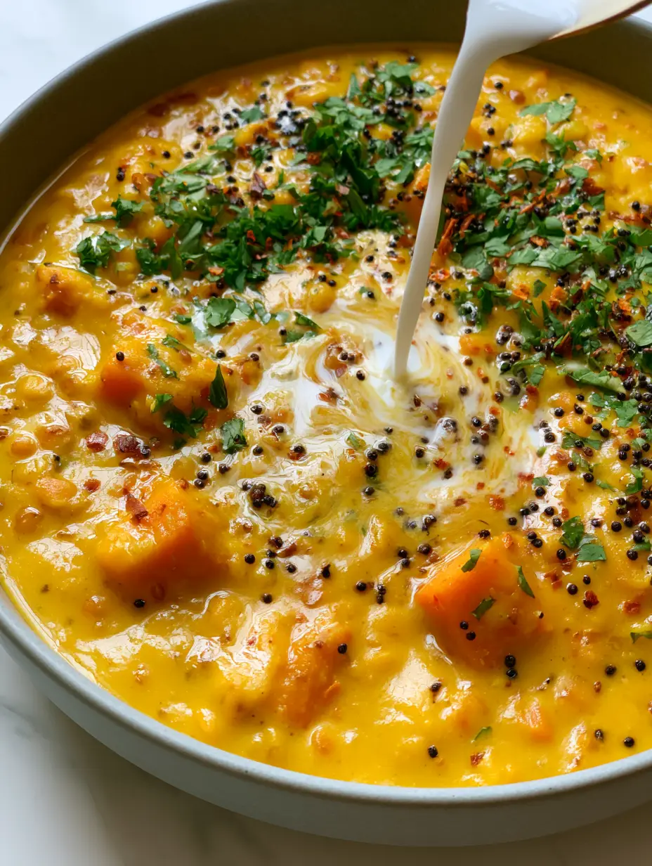 Extreme close-up of Coconut Lentil Curry showing the thick texture of red lentils and soft cubed sweet potatoes with a brilliant white coconut milk swirl.