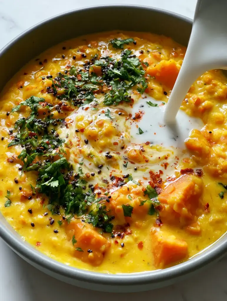 A handheld smartphone photo of Coconut Lentil Curry garnished with bright green cilantro and toasted black mustard seeds on a marble countertop.