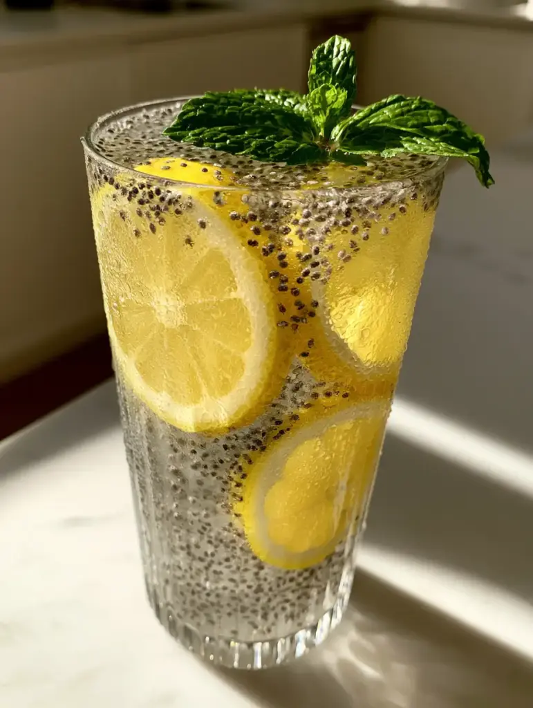 Macro view of translucent chia seed pearls suspended in water with lemon pulp. (how to eat chia seeds)