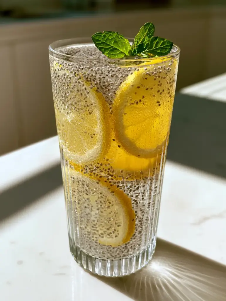 Caustic light patterns reflecting through a fluted glass of chia water on white marble.