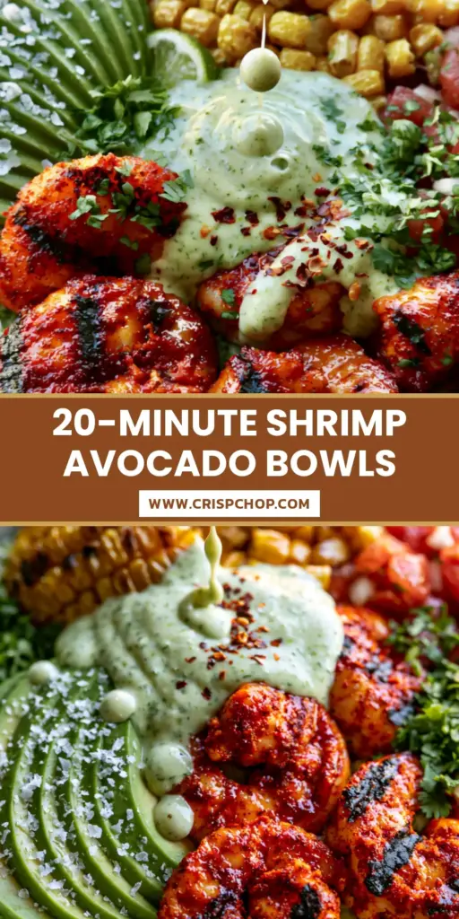 A vibrant top-down shot of Mexican grilled shrimp avocado bowls with jumbo charred shrimp, cauliflower rice, and a heavy crema drizzle.