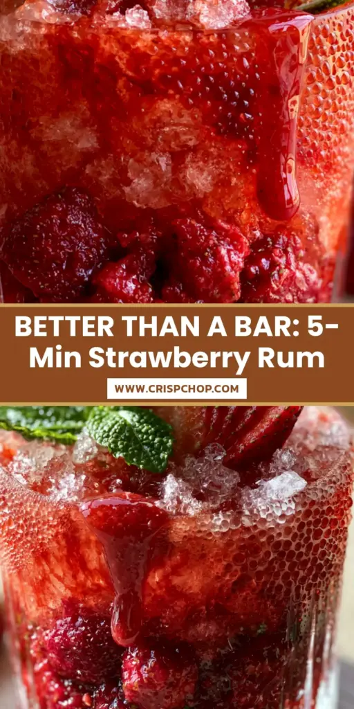 A vibrant deep-red Strawberry rum cocktail in a ribbed glass with artisanal crushed ice and mint garnish on an oak surface.