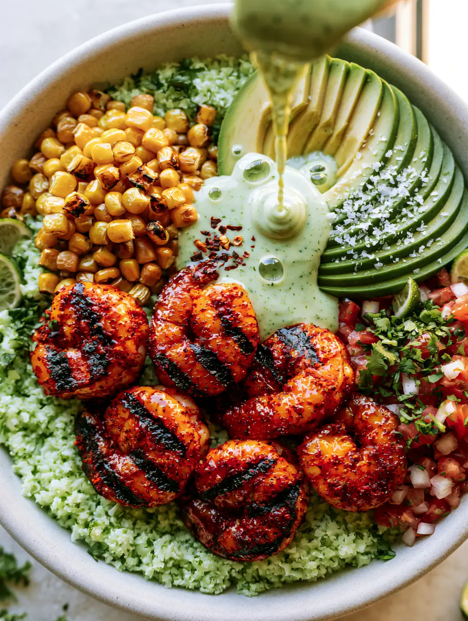 Macro shot of grilled shrimp avocado bowls showing succulent glazed shrimp with char marks and flaky sea salt on avocado.
