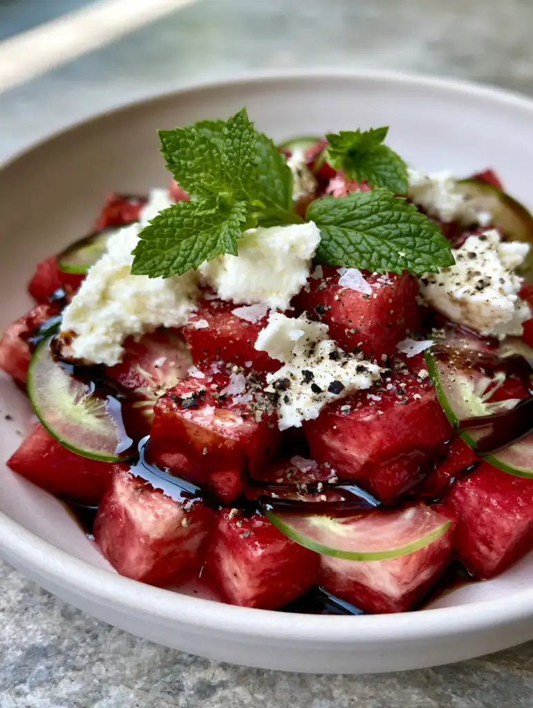 Watermelon Salad Recipe with Feta, Mint, and Thick Balsamic Glaze 2 Close up of ruby-red watermelon cubes and creamy feta in a matte white bowl. (watermelon salad recipe)