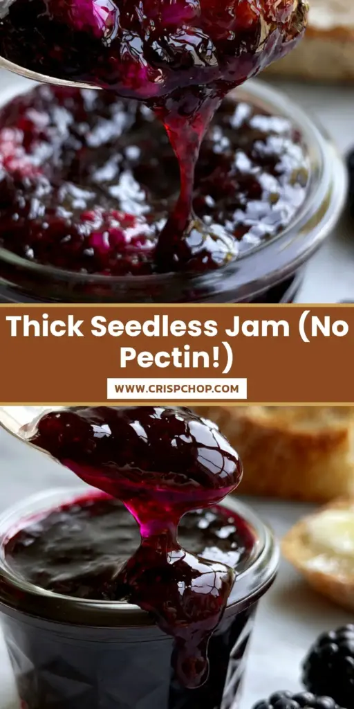 A close-up shot of glossy, seedless jam in a glass jar alongside a toasted sourdough slice for the ultimate blackberry jam recipe.