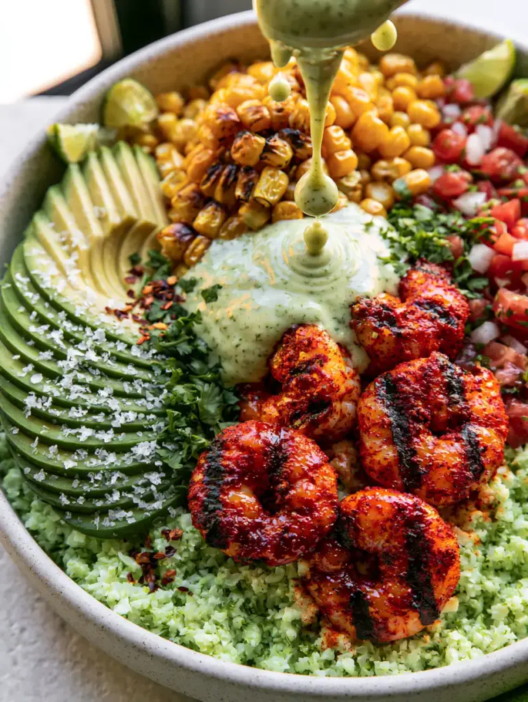 A top-down view of a Mexican shrimp bowl with vibrant pico de gallo, charred corn, and cilantro lime crema drips.