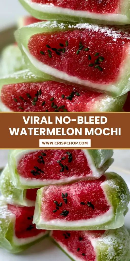 A stack of sliced watermelon mochi on a white plate showing a vibrant red core with black sesame seeds, white cream, and a green outer shell.