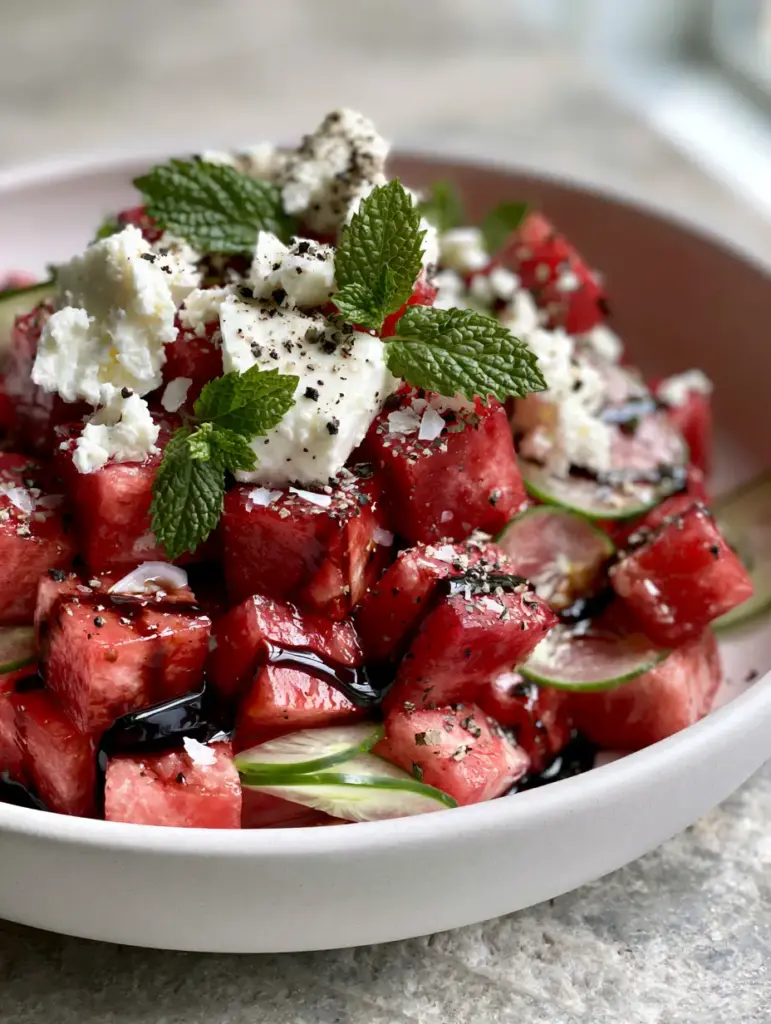 Watermelon Salad Recipe with Feta, Mint, and Thick Balsamic Glaze 1 Wide shot of watermelon salad with balsamic glaze ribbons and mint leaves.