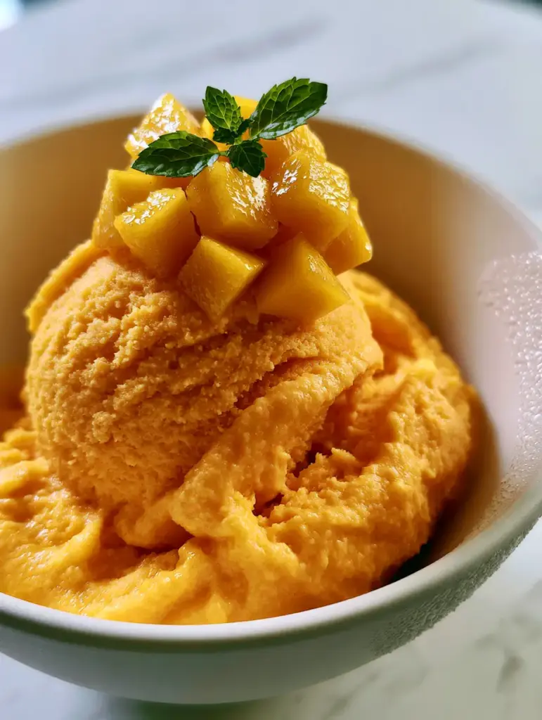 Mango Ice Cream: The Ultimate Creamy Alphonso Summer Treat 2 Macro close-up of a large scoop of mango ice cream showing soft ridges and velvety texture in a white bowl. (mango ice cream)