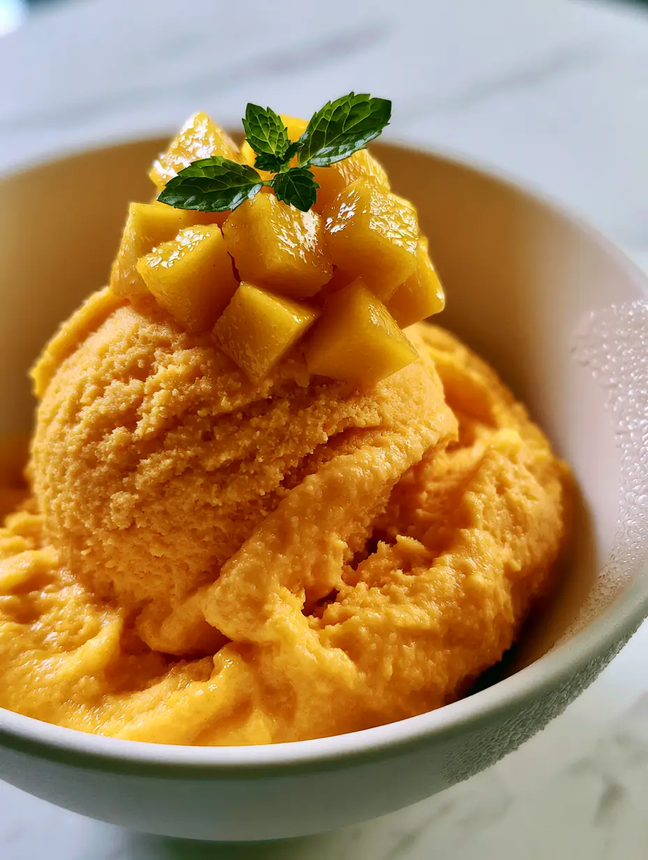 Mango Ice Cream: The Ultimate Creamy Alphonso Summer Treat 4 Macro close-up of a large scoop of mango ice cream showing soft ridges and velvety texture in a white bowl. (mango ice cream)