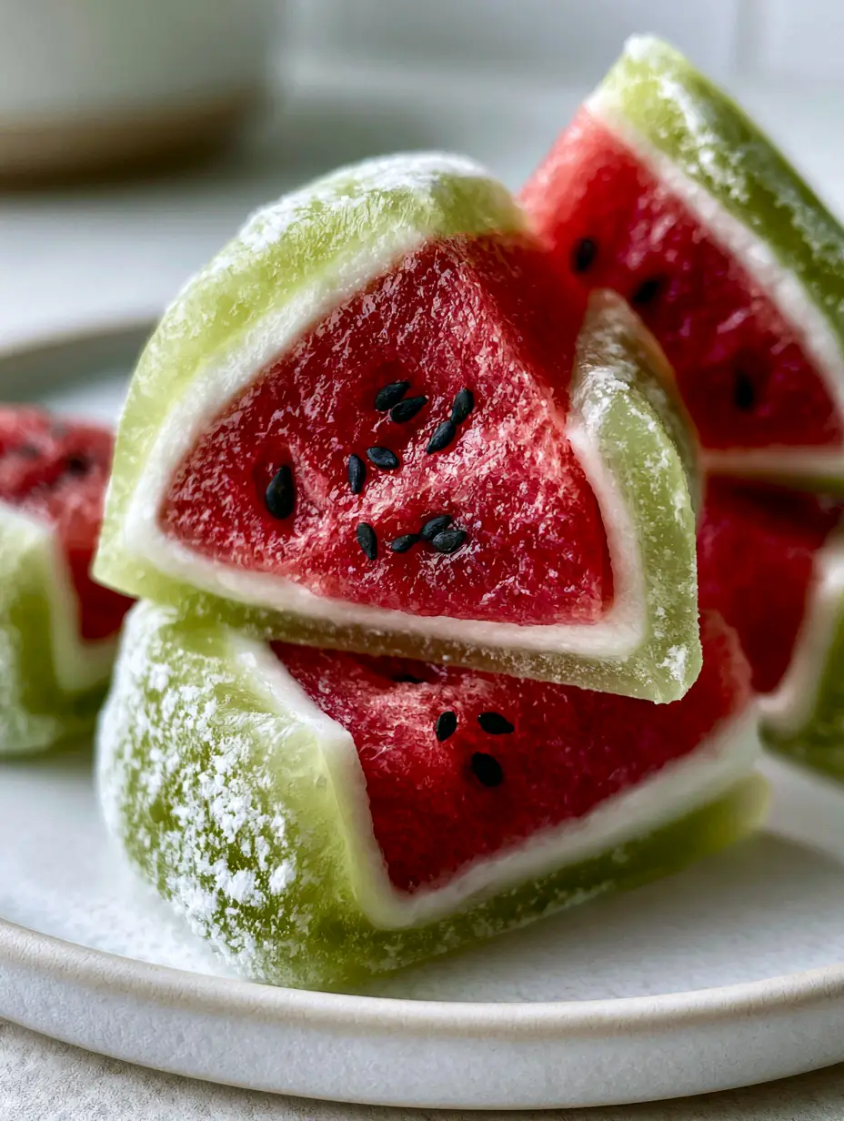 Macro shot of a watermelon mochi cross-section showing perfect layers of green dough, white cream, and red mochi with black seeds. (watermelon mochi)