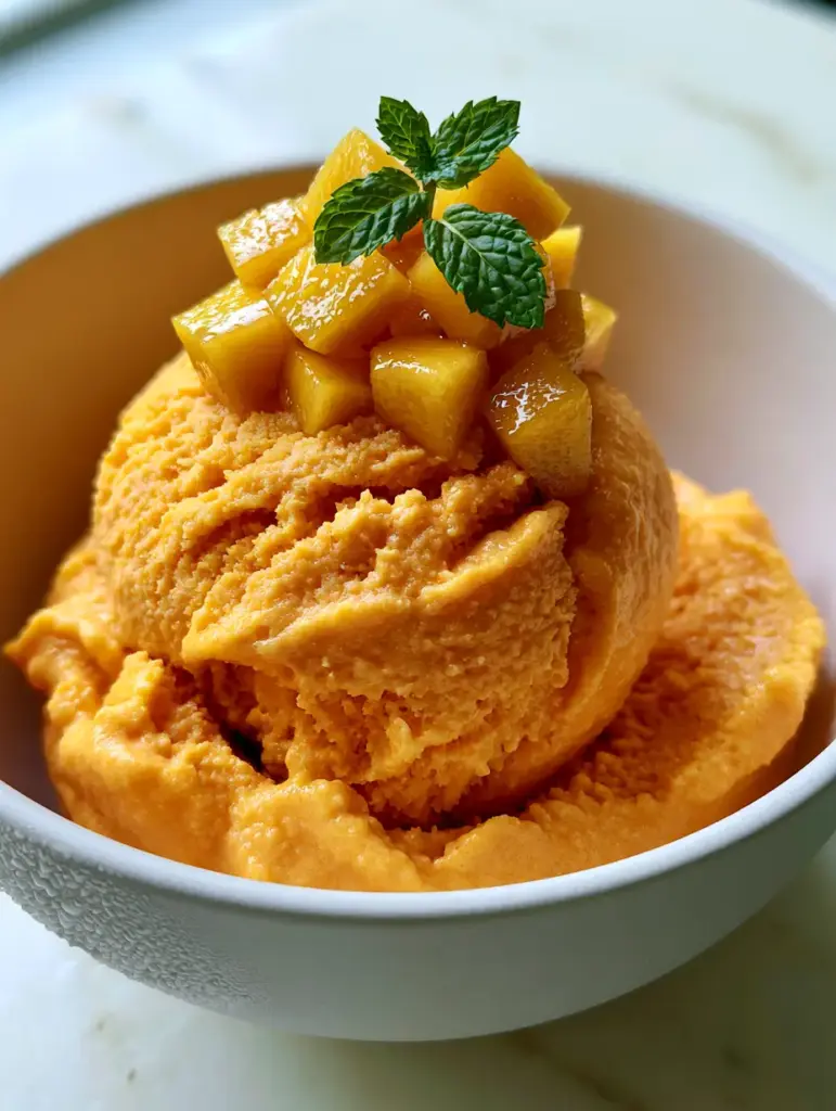Mango Ice Cream: The Ultimate Creamy Alphonso Summer Treat 1 A side view of mango ice cream topped with glistening golden mango cubes and a mint sprig in soft morning light.