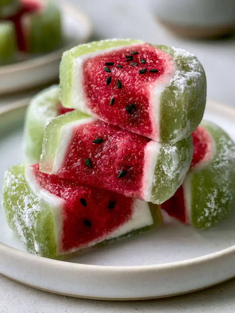 Several pieces of watermelon mochi stacked on a white ceramic plate in a bright kitchen.