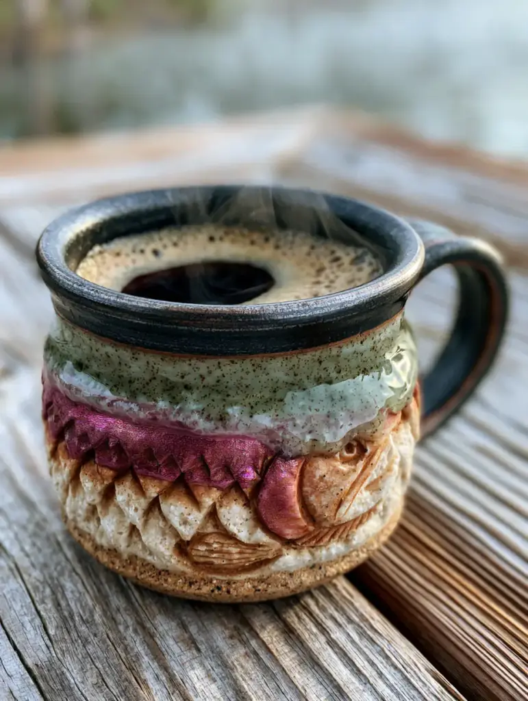 Steaming espresso with thick crema inside a rainbow trout mug on a weathered wood table.