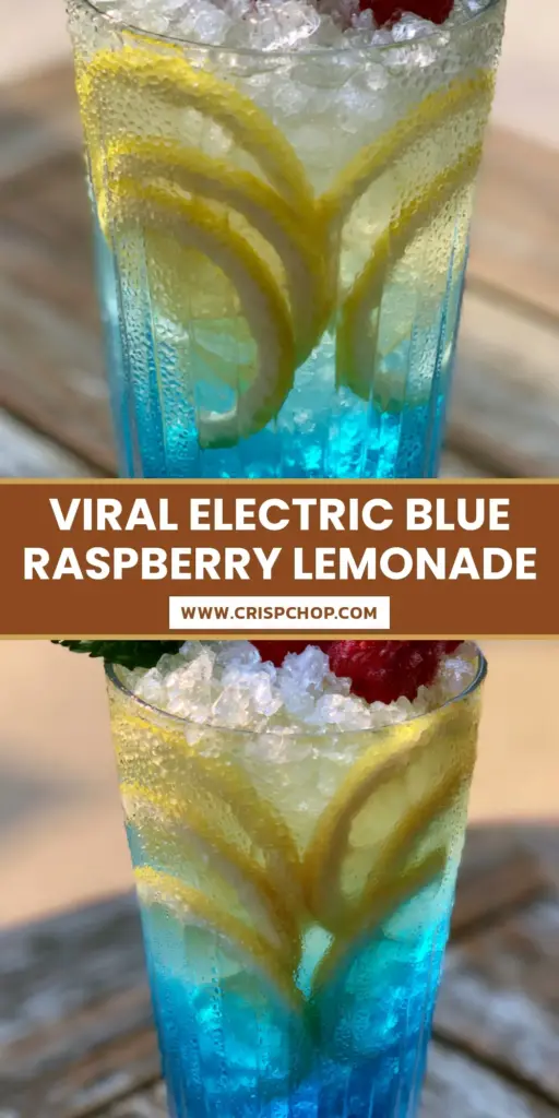 A tall ribbed highball glass filled with layered blue raspberry lemonade, pebble ice, and red raspberries on a teak table.