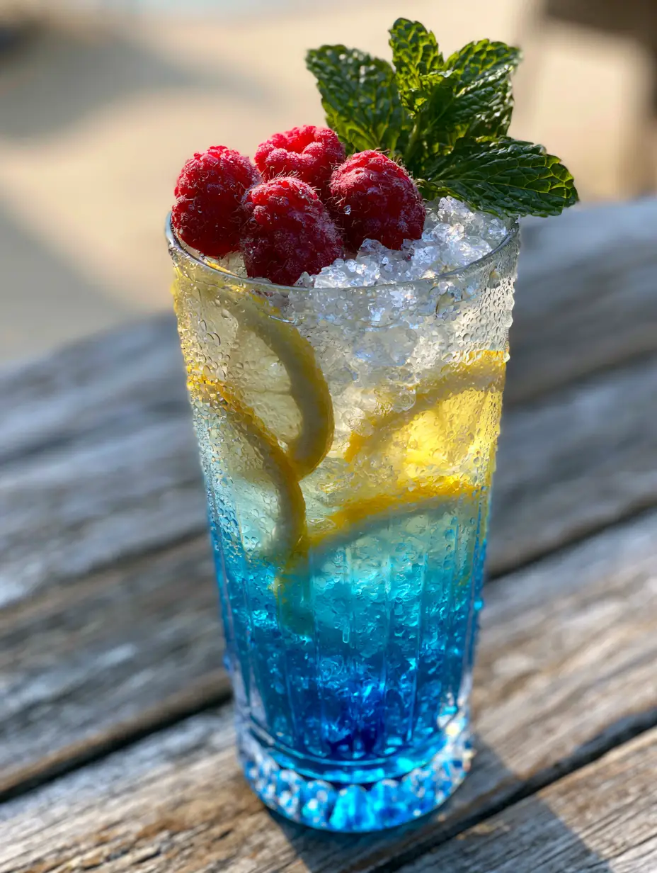 Elegant ribbed highball glass with neon blue raspberry syrup and sky-blue lemonade in soft sunlight.
