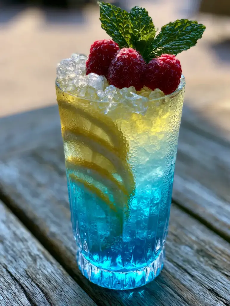 Close up of condensation beads on a glass of blue raspberry lemonade with mint and lemon garnish.