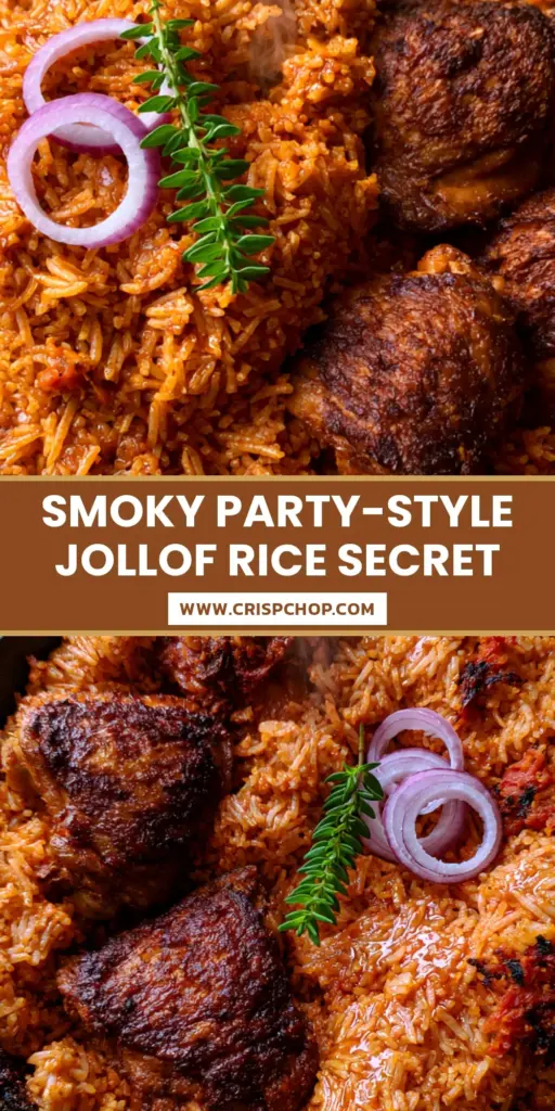 Top-down view of Nigerian Party Style Jollof Rice in a cast iron pot with crispy chicken thighs, red onions, and fresh thyme. (Jollof Rice Recipe)