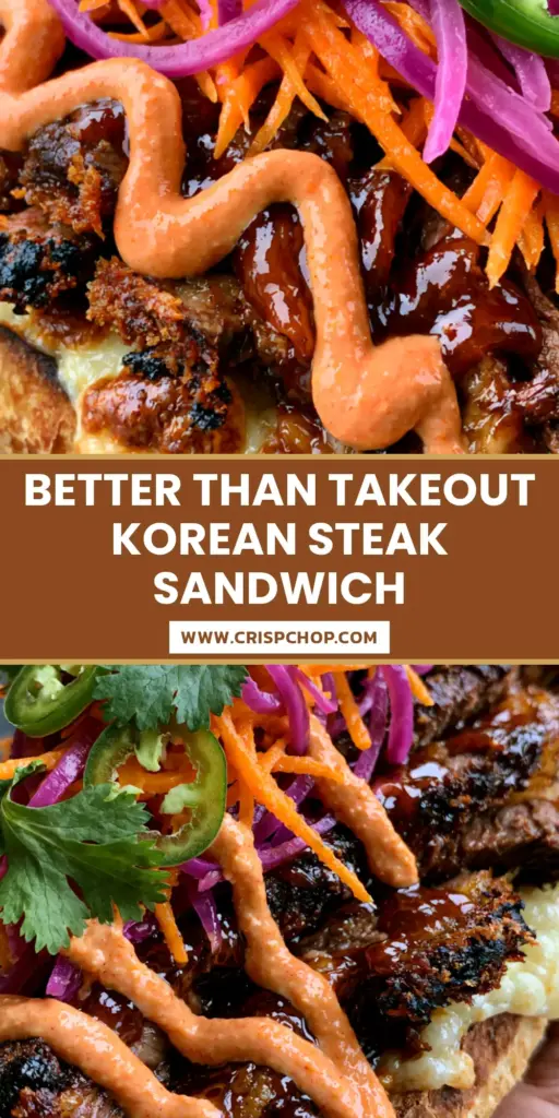 A handheld Korean Steak Sandwich featuring a crusty toasted baguette, melted provolone, and glistening glazed ribeye with a coral gochujang aioli drizzle.
